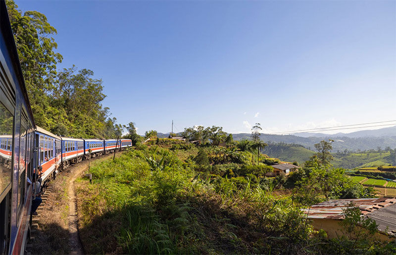 The iconic blue train winding through Ceylon tea country.